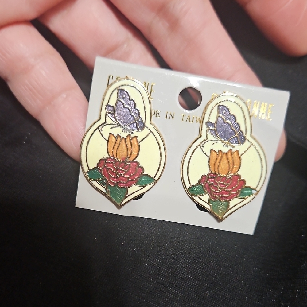 Vintage Cloisonne Earrings With Butterfly MOC